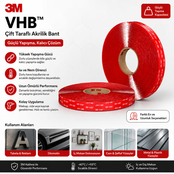 3M VHB Bant 4910F, Şeffaf, 19 mm x 33 m, 1.0 mm