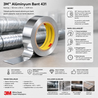 3M Alüminyum Bant 431, Gümüş, 50 mm x 55 m, 0.09 mm