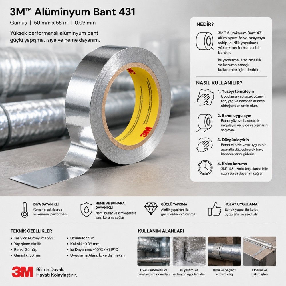 3M Alüminyum Bant 431, Gümüş, 50 mm x 55 m, 0.09 mm