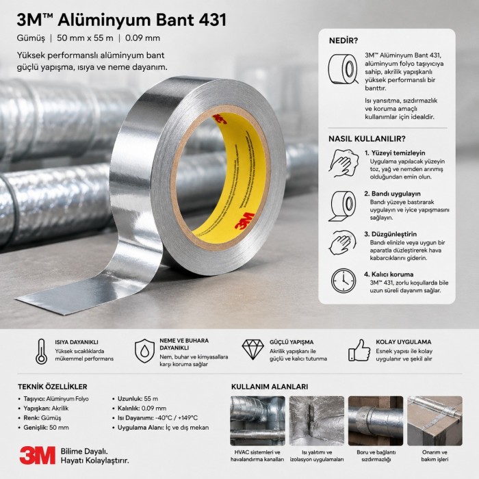 3M Alüminyum Bant 431, Gümüş, 50 mm x 55 m, 0.09 mm