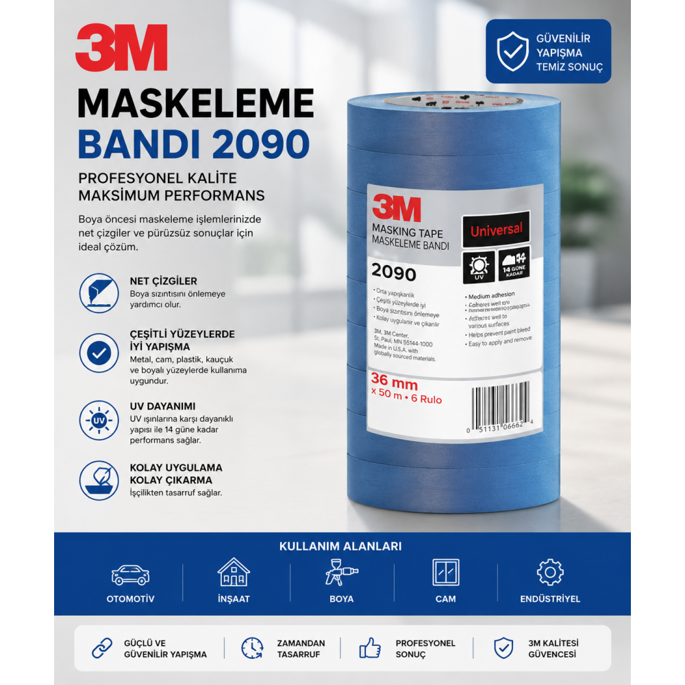 3M™ Profesyonel Maskeleme Bandı 2090, Genel Kullanım Amaçlı, 24 mm x 50 m