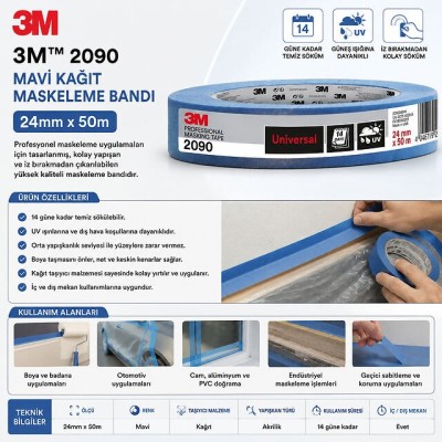 3m 2090 Mavi Kağıt Maskeleme Bandı 24mmx50m 60 Adet