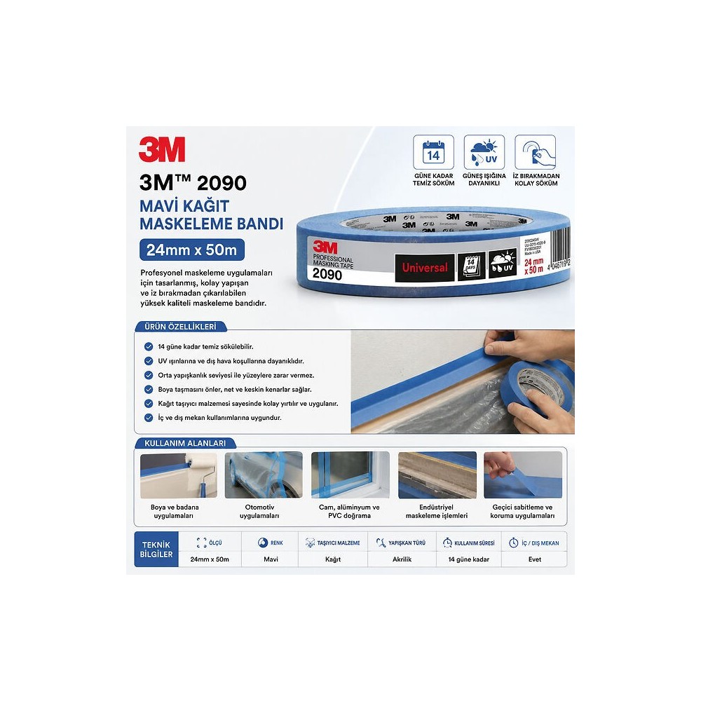 3m 2090 Mavi Kağıt Maskeleme Bandı 24mmx50m 60 Adet