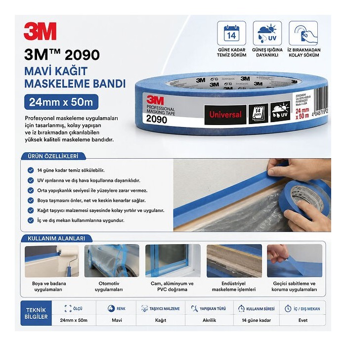 3m 2090 Mavi Kağıt Maskeleme Bandı 24mmx50m 60 Adet