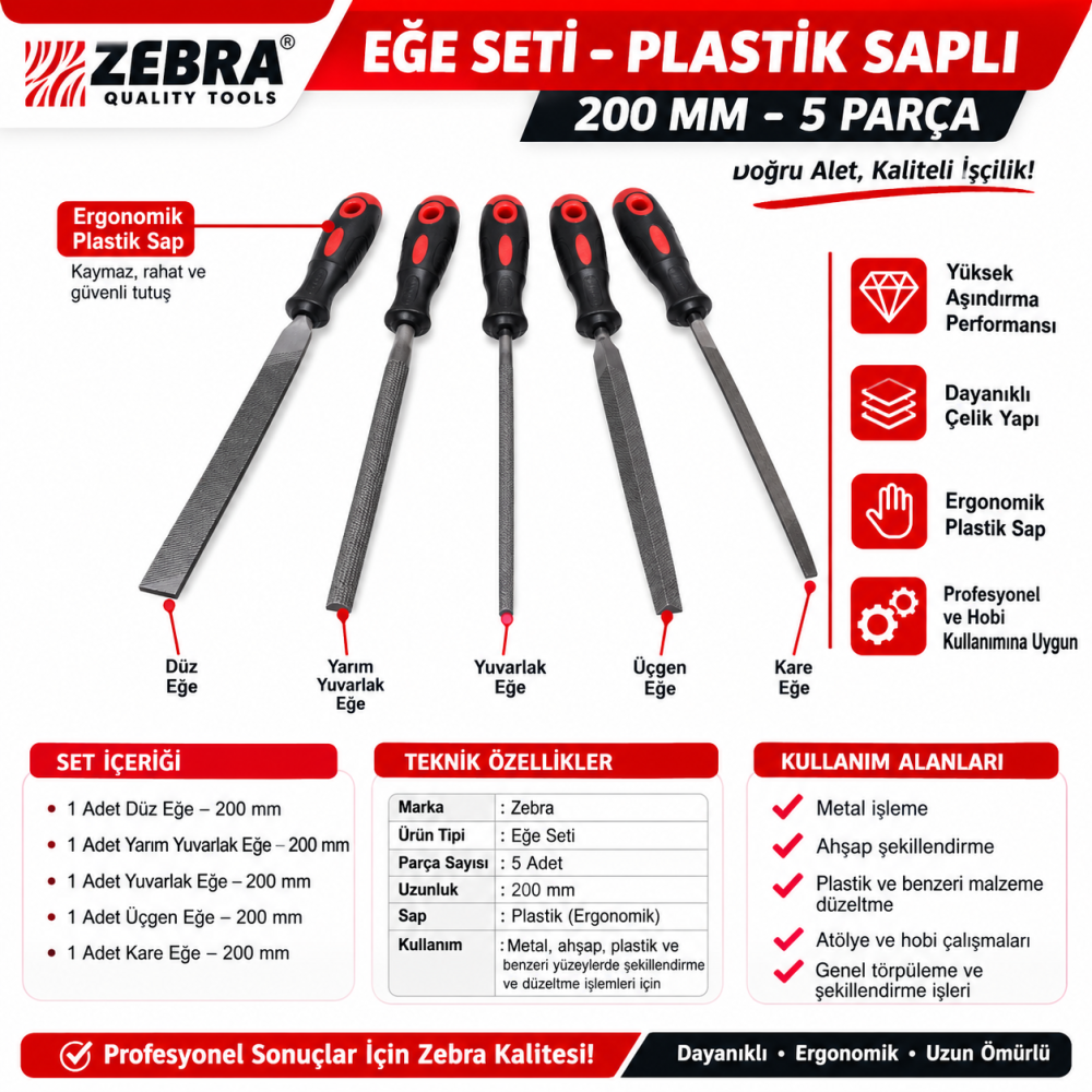 EĞE SETİ-PLASTİK SAPLI-200MM-5PARÇA ZEBRA