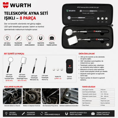 Würth TELESKOPİK AYNA SETİ IŞIKLI  8 PARÇA