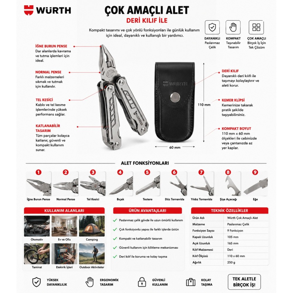 Würth Çok amaçlı alet deri kılıf ile
