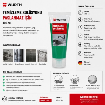 WÜRTH TEMİZLEME SOLÜSYONU PASLANMAZ İÇİN 100ML