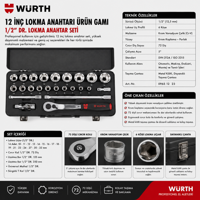 Würth 12 inç lokma anahtarı ürün gamı