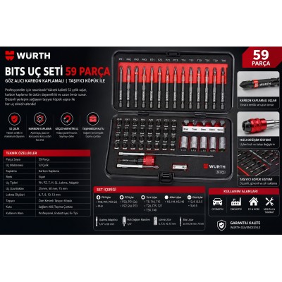 Würth Bits uç seti 59 parça göz alıcı karbon kaplamalı taşıyıcı köpük ile