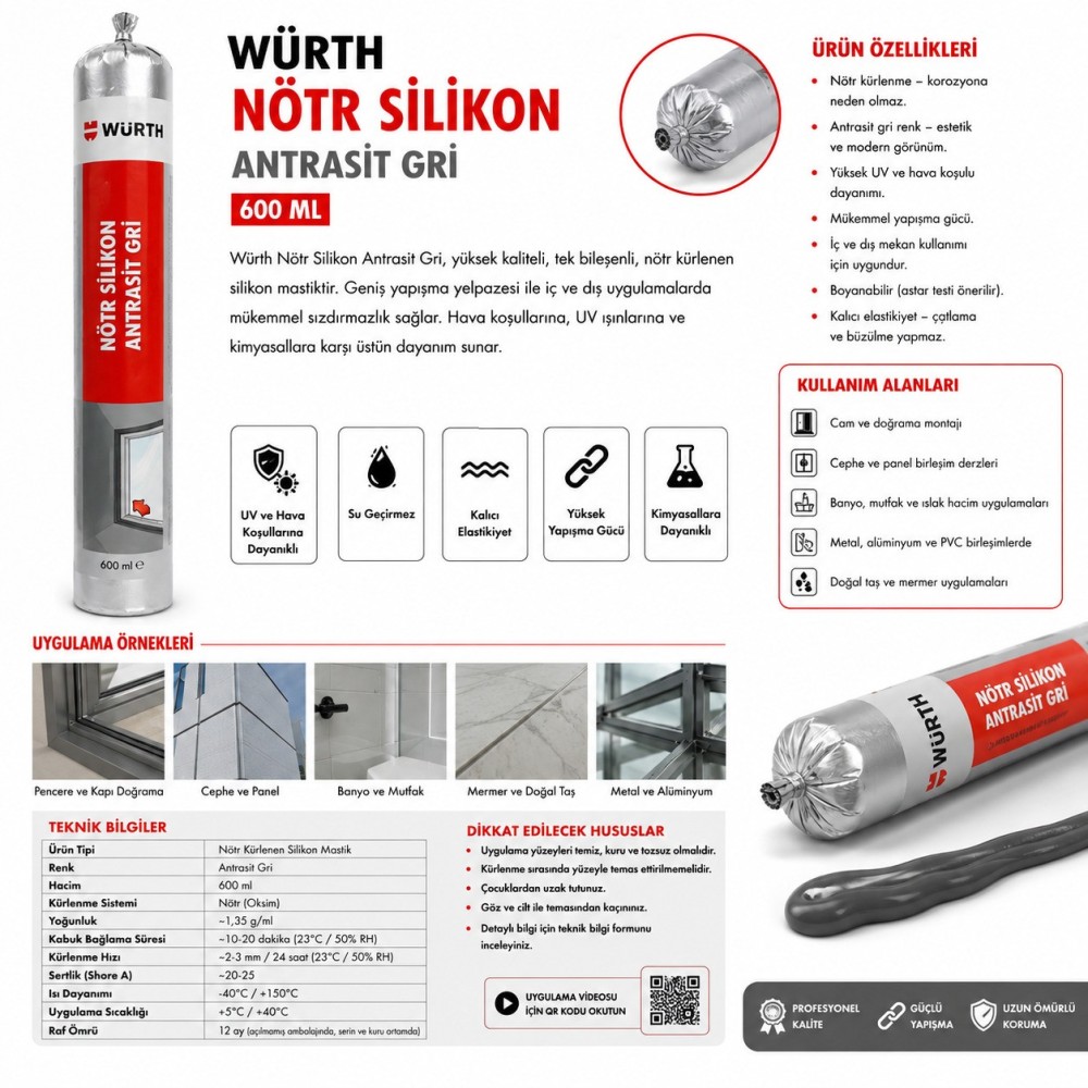 Würth NÖTR SİLİKON ANTRASİT GRİ 600ML