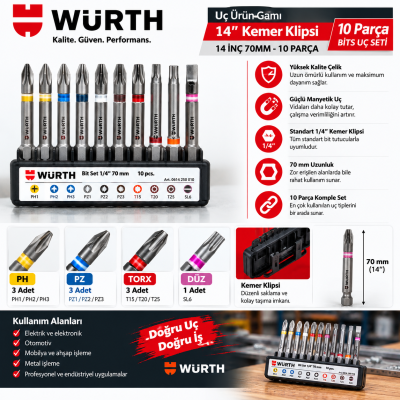 Würth Uç ürün gamı14 inç kemer klipsi 10 parça BİTS UÇ SETİ 14 İNÇ 70MM - 10 PARÇA
