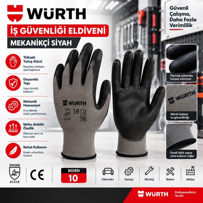 WÜRTH İŞ GÜVENLİĞİ ELDİVENİ MEKANİKÇİ SİYAH 10