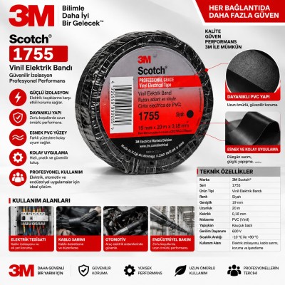 3M Temflex Pamuk İzolebandı 1755 34 in x 60 ft Siyah her kutuda 20 rulo