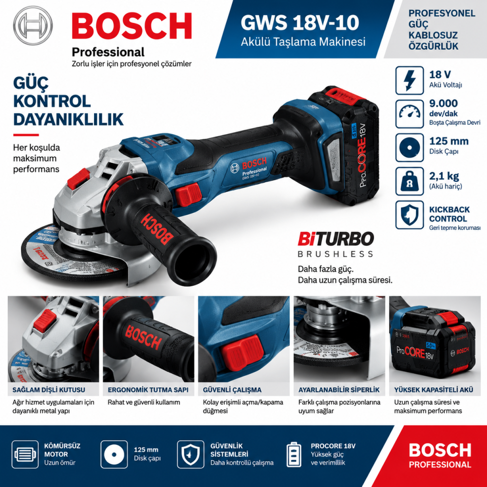 BOSCH GWS 18V-15 SC Akülü Avuç Taşlama 18 Volt 80 Ah