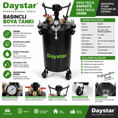 Daystar 80 Lt Otomatik Karıştırıcılı Teflon Kaplı Basınçlı Boya Tankı