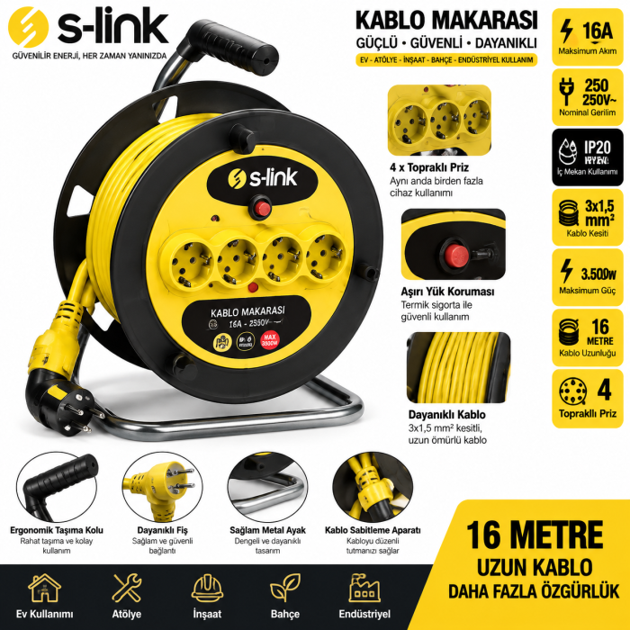 Stanley ST-E-4015 Makaralı Kablo 40 Mt 3x15mm 4 Prizli IP20