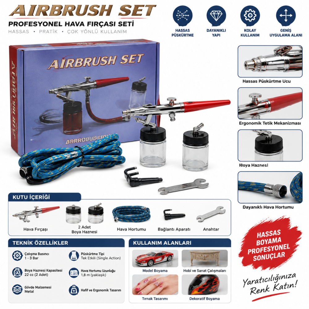 Titi 3500 Airbrush Mini Boya Tabancası 0,5-1,00 mm Uç Genişliği ve 20 cc Cam Depo Haznesi