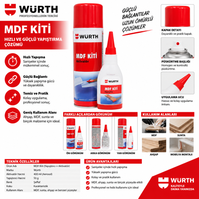 WÜRTH MDF KİT 2 KOMPHIZLI YAPIŞTRCI-100-500ML