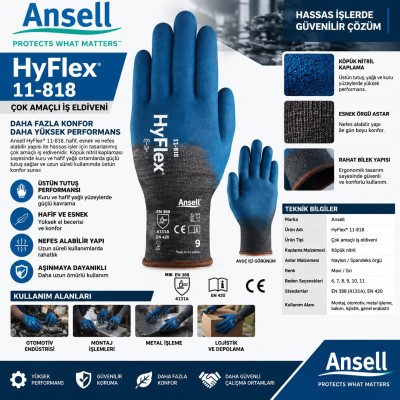 Ansell Hyflex 11-947 Kesilme ve Aşınmaya Dirençli Yağ Tutmaz İş Eldiveni  Paketi 10 Adett