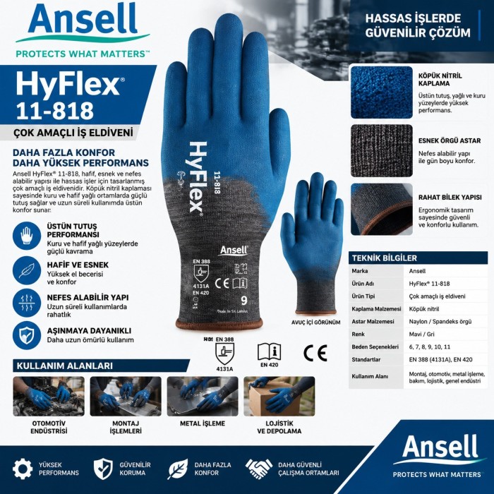 Ansell Hyflex 11-947 Kesilme ve Aşınmaya Dirençli Yağ Tutmaz İş Eldiveni  Paketi 10 Adett