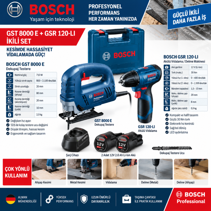 BOSCH GST 8000 E  GSR 120-LI İkili Set