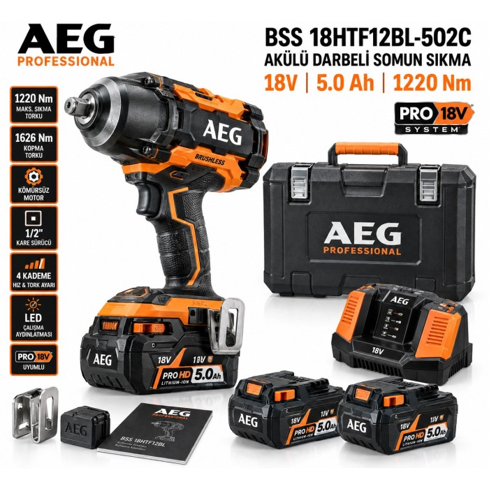 Aeg Bss 18Htf12Bl-502C Darbeli Somun Sıkma 50 Ah 1220 Nm