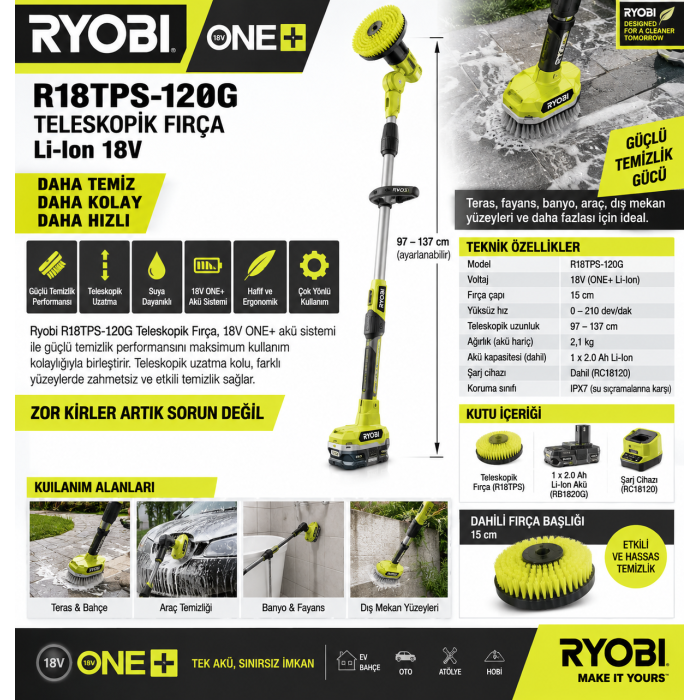 Ryobi R18TPS-120G Teleskopik Fırça Li-Ion 18V