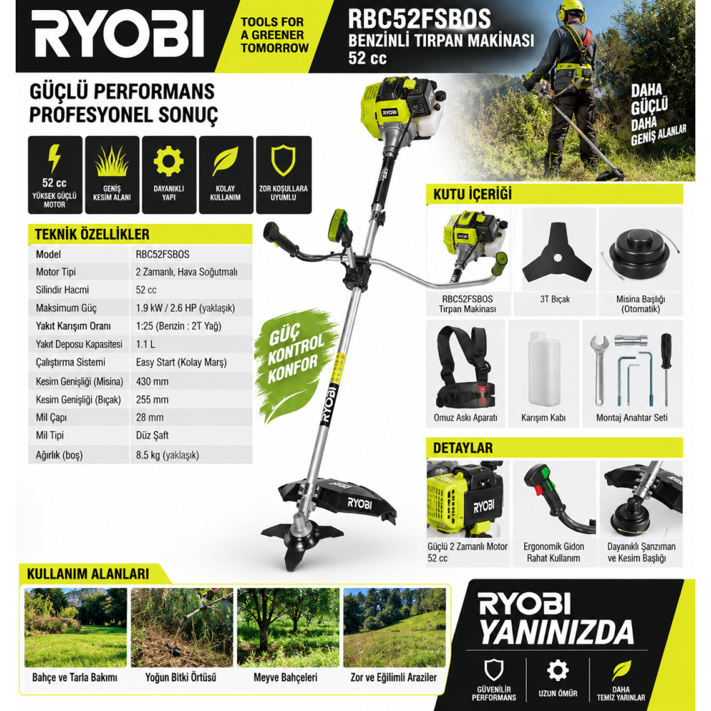 Ryobi RBC52FSBOS Benzinli Tırpan Makinası - 52 CC