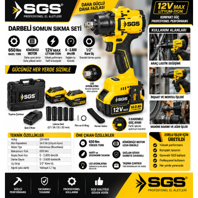 DARBELİ SOMUN SIKMA SETİ 650 Nm Tork 12 140 Ah KÖMÜRSÜZ MOTOR