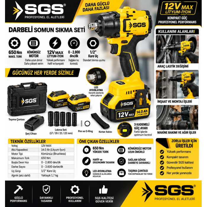 DARBELİ SOMUN SIKMA SETİ 650 Nm Tork 12 140 Ah KÖMÜRSÜZ MOTOR