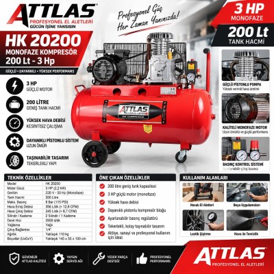 Attlas Hk 20200 Monofaze Kompresör 200 Lt 3Hp
