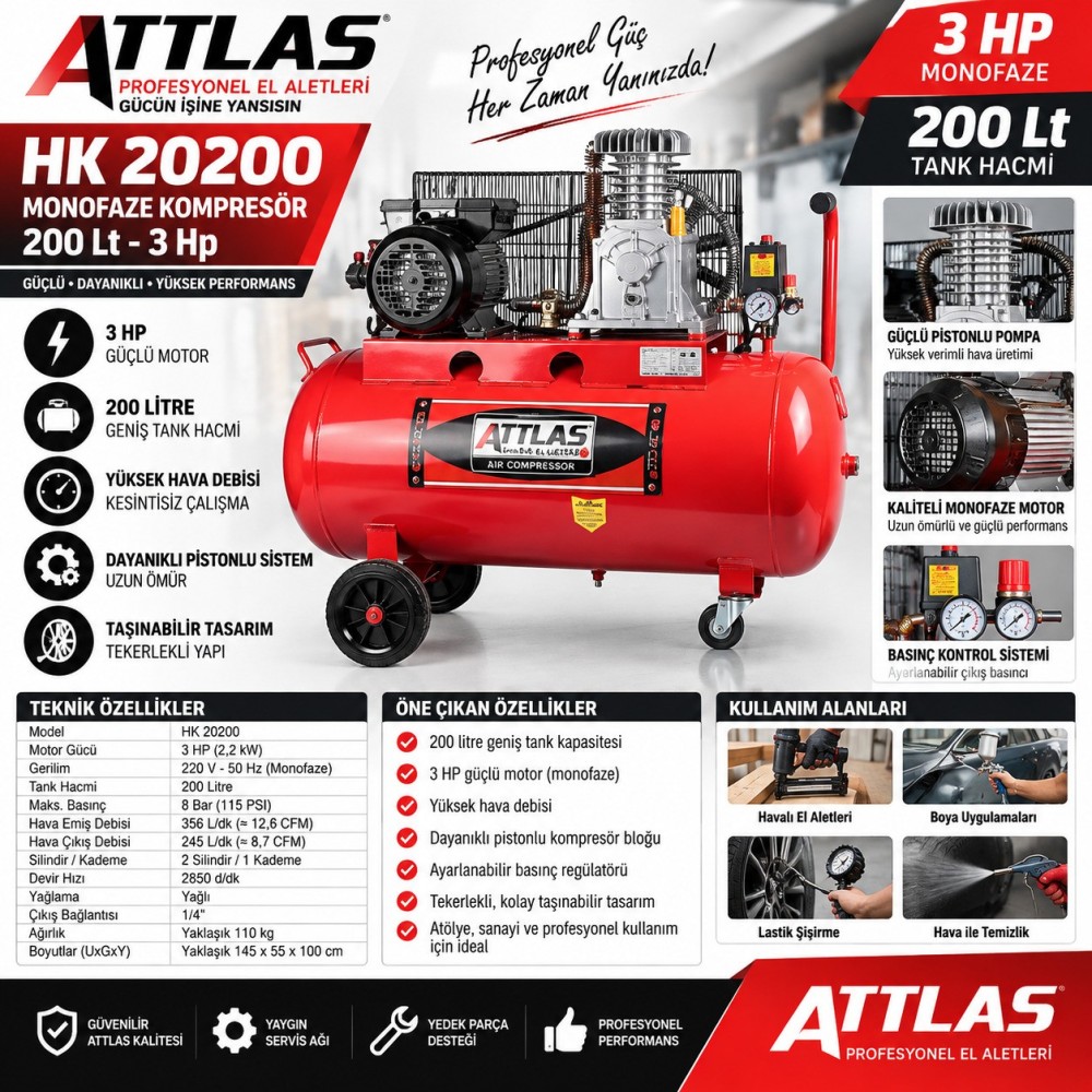 Attlas Hk 20200 Monofaze Kompresör 200 Lt 3Hp