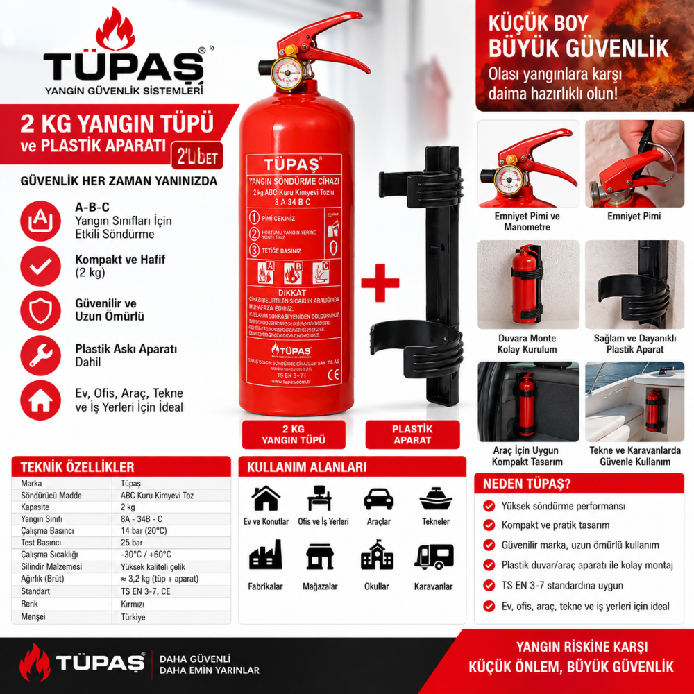 2kg Tüpaş Yangın Tüpü ve Plastik Aparatı 2li Set