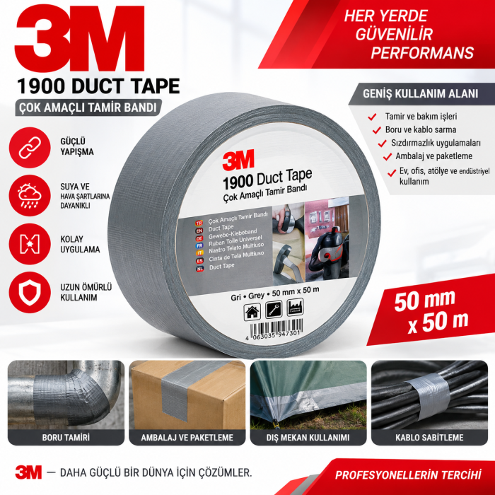 3M 1900 Tamir Bandı Duct Tape Gümüş 50*50 m 24 adet