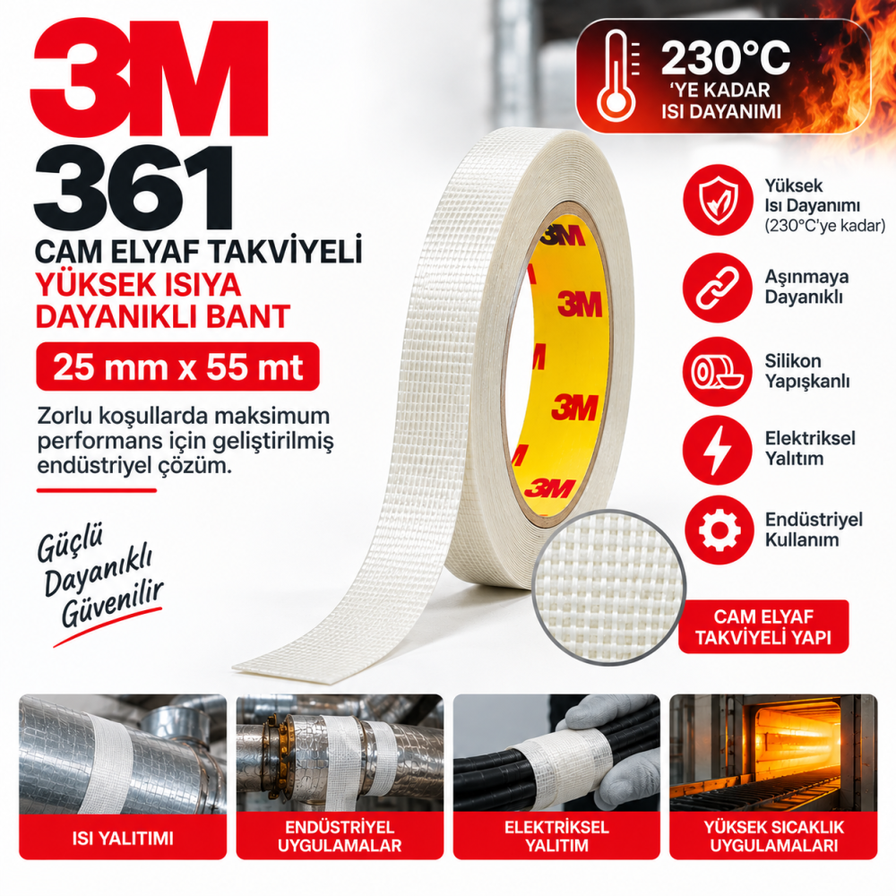 3M 361 Cam Elyaf Takviyeli Yüksek Isıya Dayanıklı Bant 25mm*55mt