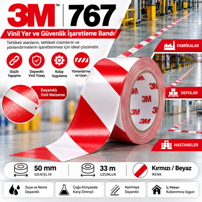 3M 767 Vinil Yer ve Güvenlik İşaretleme Bandı Kırmızı / Beyaz 50mm*33mt