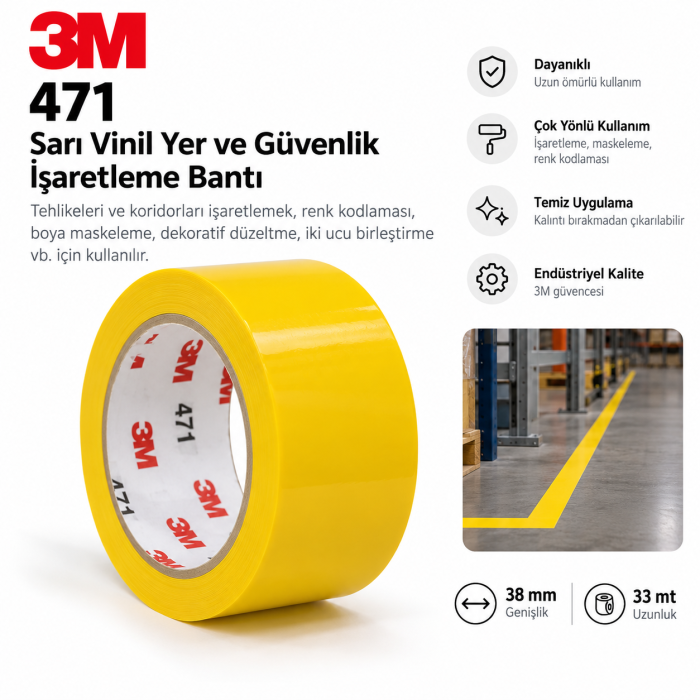 3M 471 Sarı Vinil Yer ve Güvenlik İşaretleme Bantı 38mm*33mt