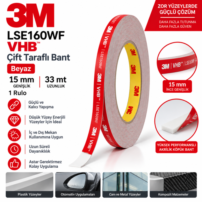 3M LSE160WF VHB Çift Taraflı Bant Beyaz 15mm*33mt