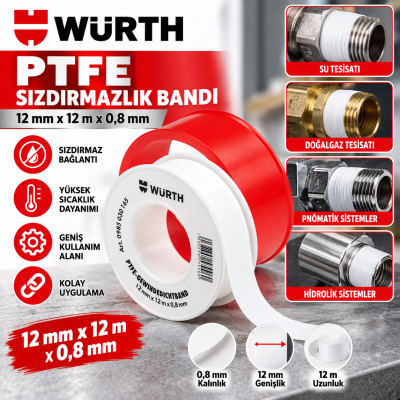 WÜRTH SIHHI TESİSAT SIZDIRMAZLIK BANDI  PTFE BEYAZ BANT 12MMX0,08MMX12M