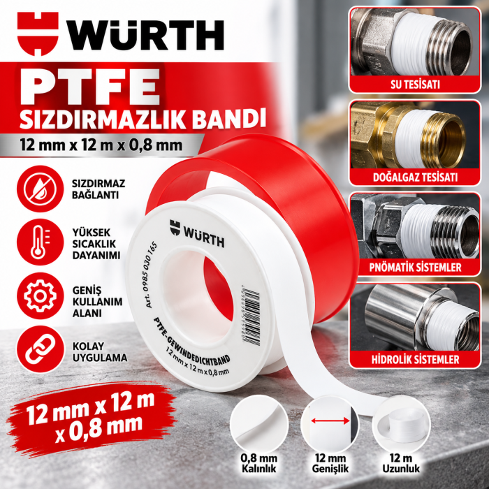 WÜRTH SIHHI TESİSAT SIZDIRMAZLIK BANDI  PTFE BEYAZ BANT 12MMX0,08MMX12M