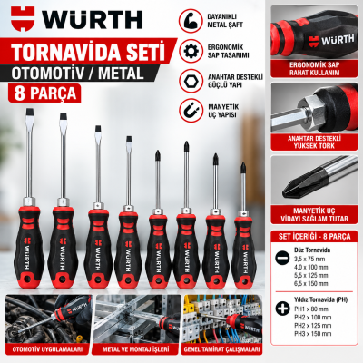 WÜRTH DÜZ-YILDIZ TORNAVD.SETİ-PH-METAL ASK.8P