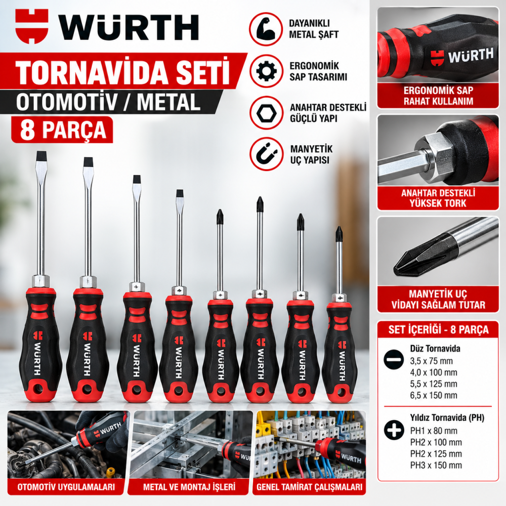 WÜRTH DÜZ-YILDIZ TORNAVD.SETİ-PH-METAL ASK.8P