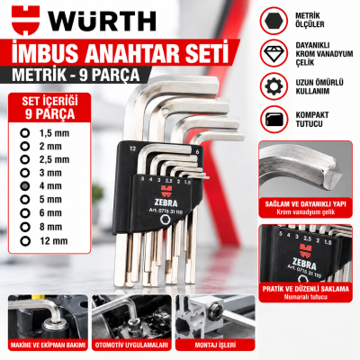 WÜRTH ALLEN ANAHTAR SETİ-KISA(1,5-12MM)10PARÇA