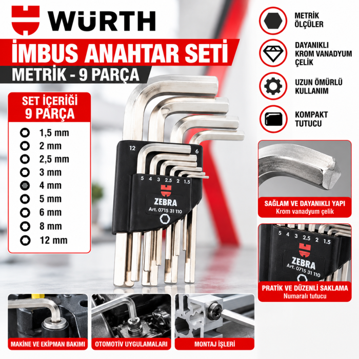 WÜRTH ALLEN ANAHTAR SETİ-KISA(1,5-12MM)10PARÇA