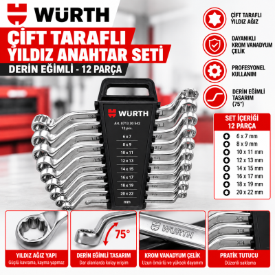 WÜRTH ÇİFT TARAFLI YILDIZ ANAHTAR TAKIMI-2AĞIZLI-KROM-12PRÇ