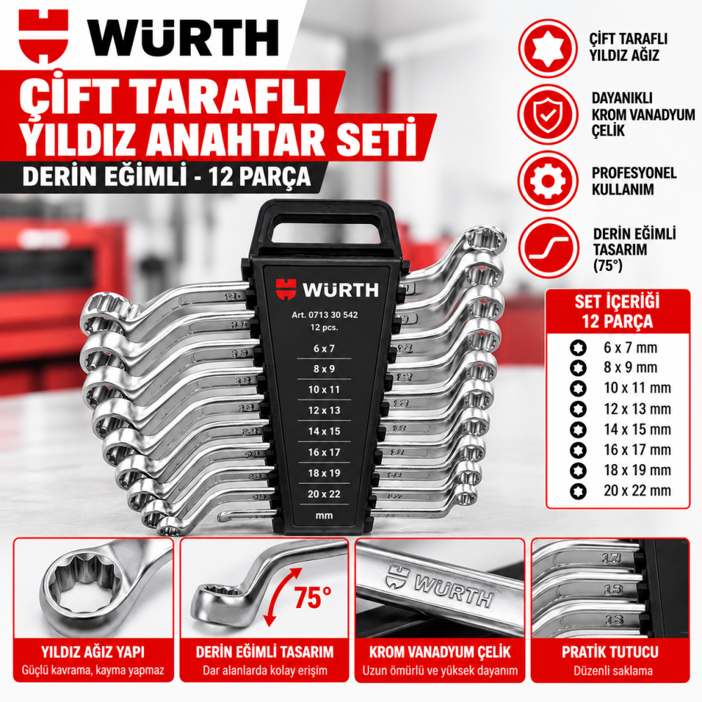 WÜRTH ÇİFT TARAFLI YILDIZ ANAHTAR TAKIMI-2AĞIZLI-KROM-12PRÇ