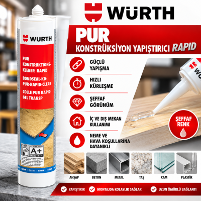WÜRTH MONTAJ YAPIŞTIRICISI  PUR-RAPID KUVVETLİ HIZLI YAPIŞTRCI.310ML