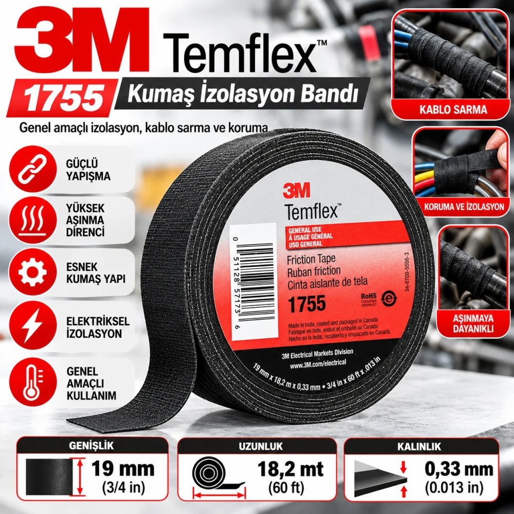 3M Temflex 1755 Pamuk İzole Bant 19mm*18mt