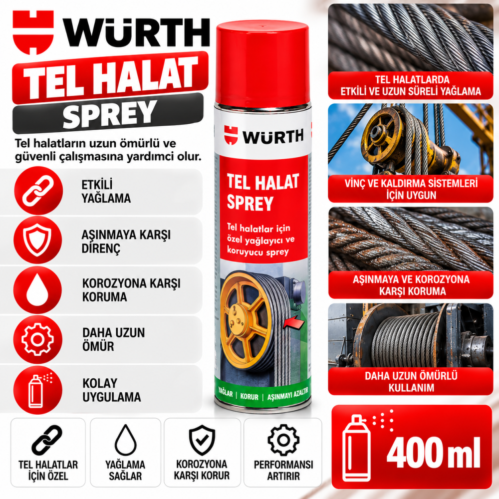 WÜRTH TEL HALAT SPREYİ ÇELİK HALAT YAĞ. VE KORUMA SPREYİ 500ML